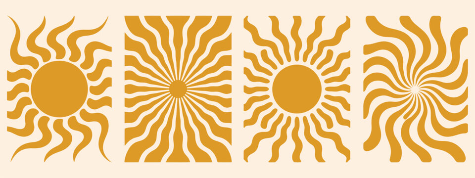 Groovy retro abstract sun backgrounds featuring organic doodle shapes in a trendy naive hippie sixties and seventies style for contemporary poster print