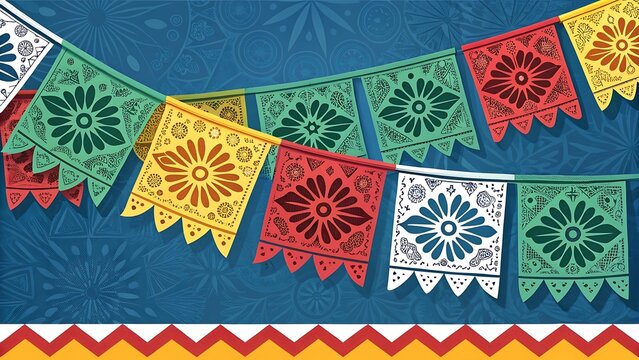 Colorful mexican papel picado banners hanging against a decorative blue background