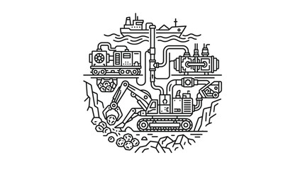 Obraz premium A circular line art illustration of industrial mining operations
