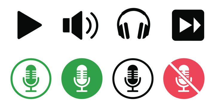 Media Control Vector Icons with Play, Speaker, Headphones and Microphone Symbols for Audio Interface and Multimedia Applications
