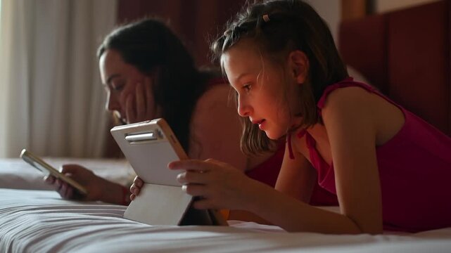 Mother and daughter use smartphone and tablet on hotel bed during quiet family leisure time while traveling together abroad.
