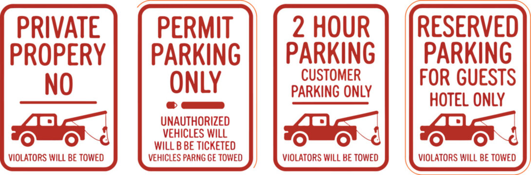 Towing sign illustration set, generic tow away zone no parking private parking and towing enforced warning symbols.