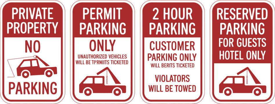 Towing sign icons illustration set, generic tow truck vehicle removal no parking and private property enforcement graphics.