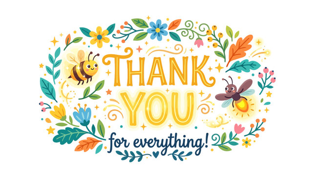 Floral Thank You Greeting Card Design Featuring Whimsical Bees and Colorful Botanical Elements for Expressive Appreciation
