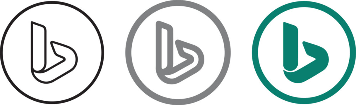 Bing logo icon set featuring stylized letter b symbol in circular frame, minimalist vector illustration for web, search engine, and digital interface