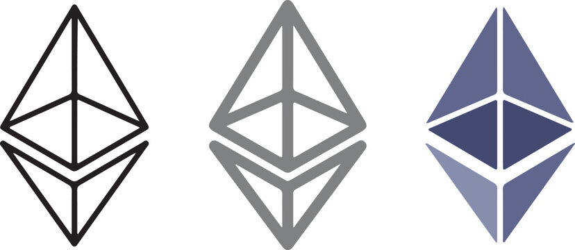 Hand drawn Ethereum symbol icon set, transparent background vector illustration, flat crypto currency logo signs for blockchain technology and finance design.