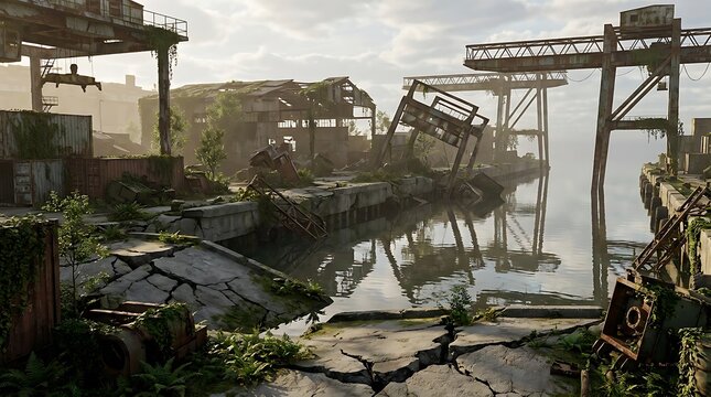 A view of decaying coastal huts abandoned at a desolate shipyard with crumbling concrete docks and rusted metal structures reclaimed by nature in ruins