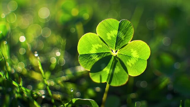 A bright green four-leaf clover stands out in a lush grassy field