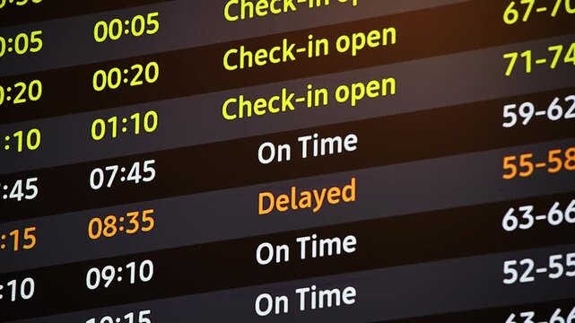 Airport departure board flashes delayed flight status among on time departures, signaling schedule disruption for travelers.