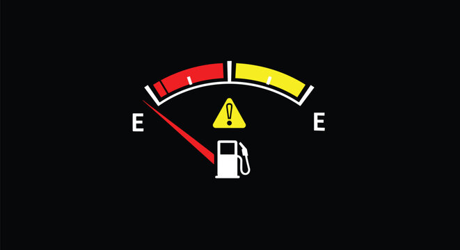 Digital car fuel gauge indicator showing a red needle pointing to empty with a yellow warning triangle sign on a dark background.