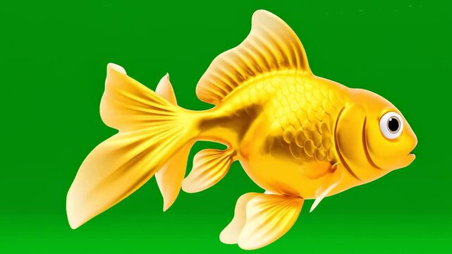 A bright yellow fish with a large eye and fins on a green background