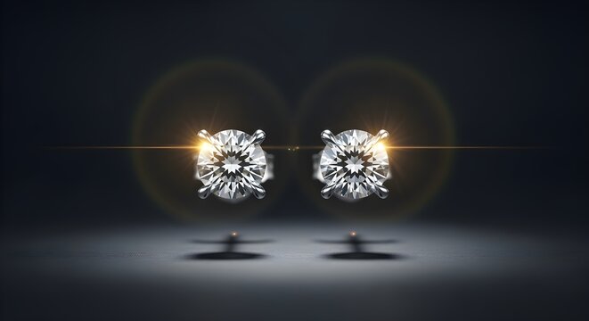 Floating diamond stud earring pair surrounded by subtle light flares.