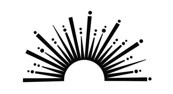 Abstract black vector design of a half sunburst with radiating rays of different lengths and decorative dots, isolated.