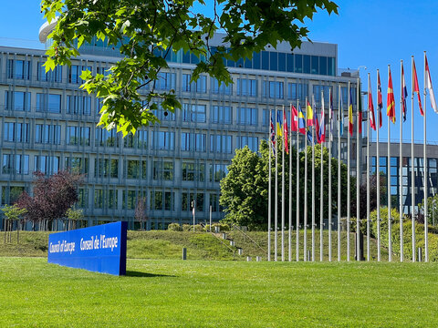Strasbourg, France - 22 May 2026: The Palace of Europe, Council of Europe with Member State Flags in Strasbourg