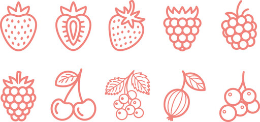Set of hand drawn fruit icons including berries and cherries with berry set cherry icon strawberry sketch food icon fruit art organic food simple art © Chayan