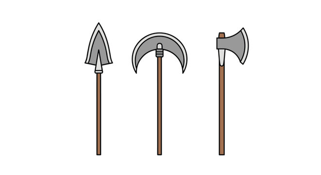 Collection of three medieval pole weapons including a spear, a crescent battle axe, and a standard poleaxe on white.