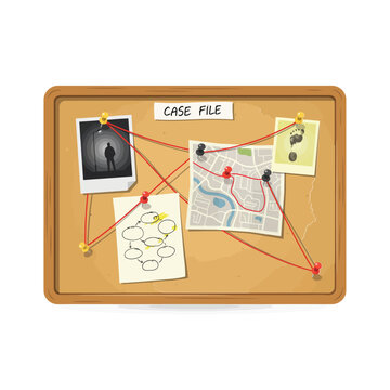 Detective case file investigation board with a map, and clues connected by red string on a cork board for a mystery crime investigation