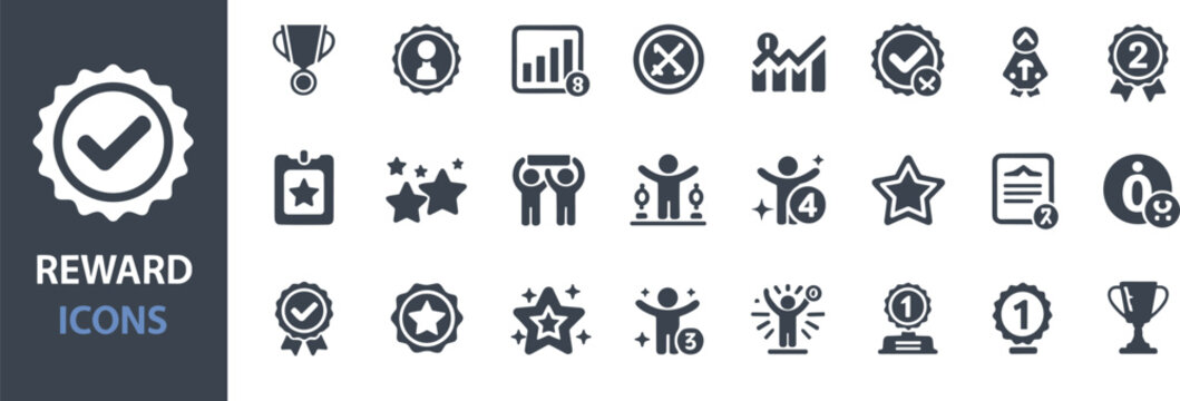 Set of 25 reward and recognition icons featuring trophies star ratings achievement symbols for corporate motivation and user feedback recognition