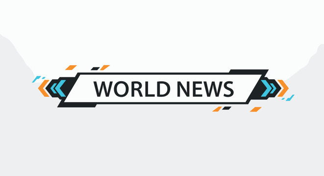 Modern world news lower third banner graphic with futuristic blue and orange geometric elements on a grey backdrop.