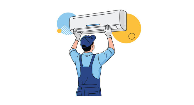Professional air conditioning repairman in blue uniform and cap installing a split system AC unit on a wall.