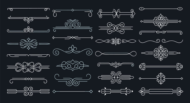 Large set of classic calligraphic text dividers and ornamental page borders, presented on a dark grey background.