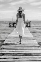 Fototapeta premium Woman in white dress walks on wooden pier, feeling wonder by the water during midday in black and white setting