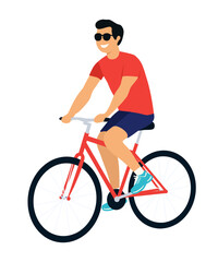 Fototapeta premium Man riding bicycle isolated on white background. Vector illustration in flat minimal style. Active lifestyle character for sport design, fitness apps, transport ads, web banners and healthy living
