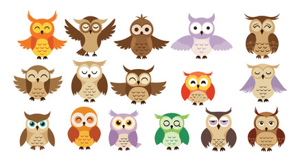 Obraz premium Large collection of fifteen cute cartoon owls in various bright colors and sweet expressions on white background.