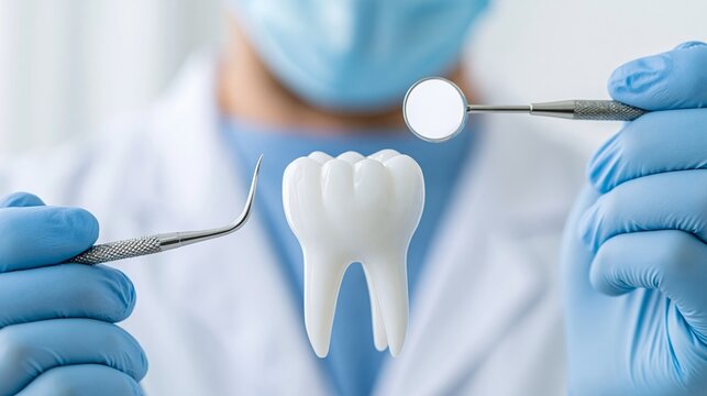 Dentist Holds Dental Tools and Clean Teeth in Bright Clinic Environment