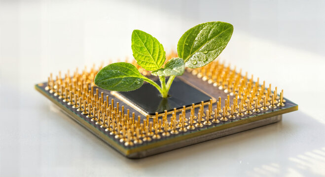 Tiny green sprout grows from computer chip symbolizing technology innovation and sustainable growth.