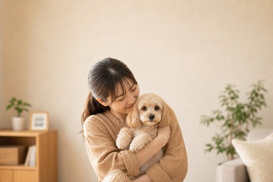小型犬を抱く女性の上部余白ポートレート