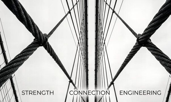 Brooklyn bridge steel cables and vertical lines create a pattern of strength connection and engineering with text overlay.