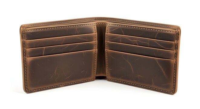 Mens leather wallet isolated on pure white background, realistic natural look, minimum shadows.