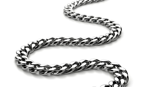 Stylish silver mens chain with luxury reflection on pure white background, elegant light setup, minimum shadows.