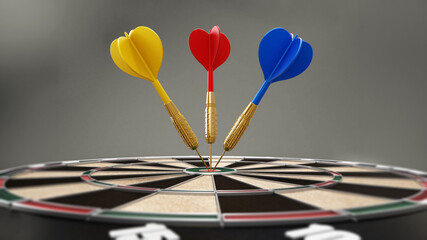 Fototapeta premium Red, yellow and blue darts at the center of the dartboard. 3D illustration