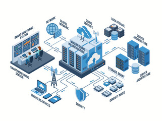 Smart city data center with cloud infrastructure and connected devices illustration © souvenirmurah