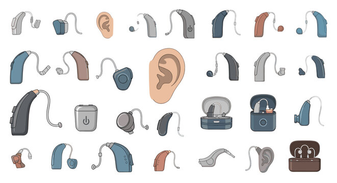 Collection of modern hearing aid devices in different styles and colors next to a human ear illustration.