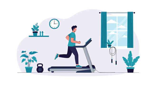 Active man exercising on a modern treadmill in his cozy living room filled with beautiful house plants.