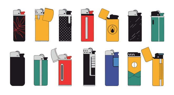Collection of pocket lighters in various colorful designs, patterns, and materials on white background.