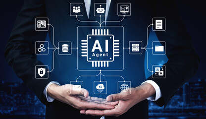 Obraz premium Professional Businessman Presenting AI Agent Concept with Digital Icons and Data Connections in Modern Background for Technology and Innovation Themes. Glyphic.