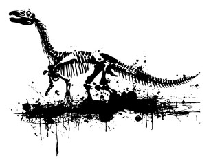 Long Neck Dinosaur Skeleton Brachiosaurus Fossil Ink Splatter Grunge Prehistoric Wildlife Vector Illustration © Luka