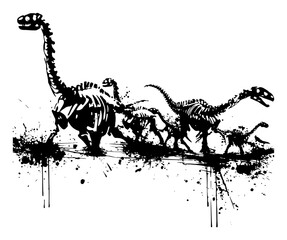 Dinosaur Skeleton Family Group Sauropod Fossils Ink Splatter Grunge Prehistoric Animal Vector Art Design © Luka