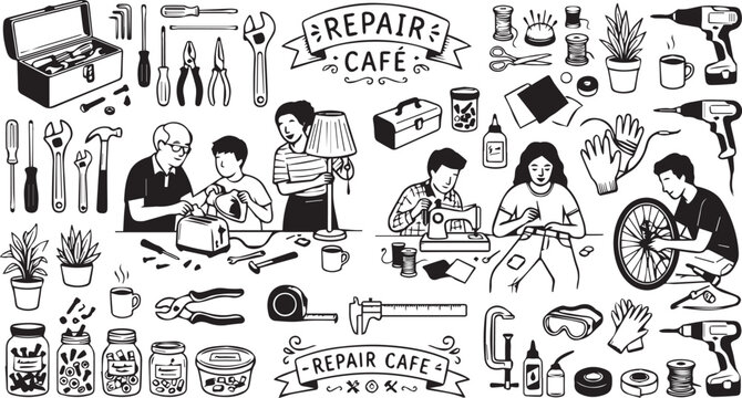 Repair cafe doodle set with people fixing broken items and various hand tools isolated on a white background