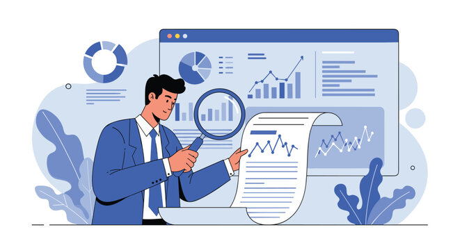 Financial auditor checking business documents and marketing charts with magnifying glass near digital screen.