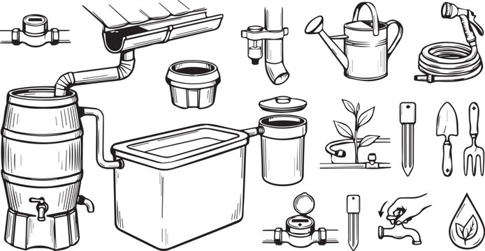 Set of hand drawn rainwater harvesting system elements and garden irrigation tools for sustainable water management