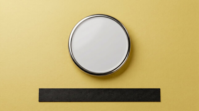 Blank Round Pin Badge Mockup with Black Rectangular Strip on Yellow Background