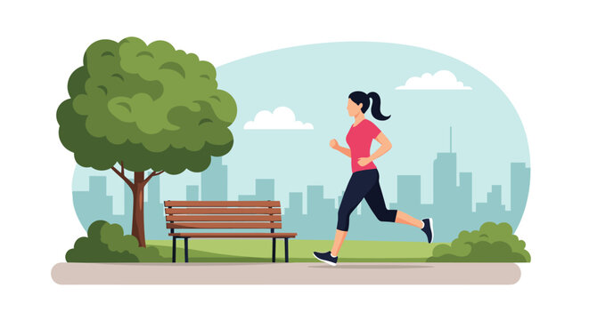 Active young woman in sportswear jogging along a park pathway next to a wooden bench with city skyline behind.