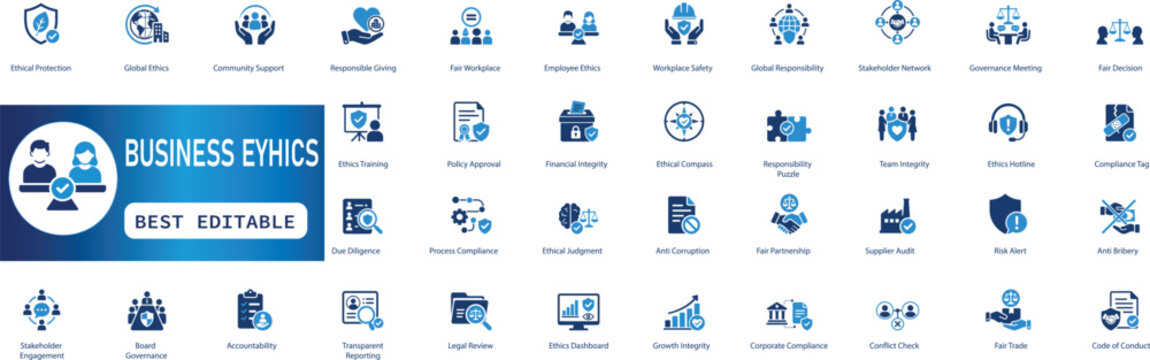 Business ethics solid icons, corporate compliance, anti corruption, core values, transparency, integrity, social responsibility, and fair trade vector set.