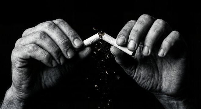 Hands breaking cigarette in half symbolizing addiction treatment healthy lifestyle choice quitting smoking smoking cessation concept against dark background symbolic protest.