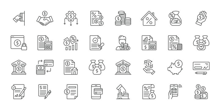 Loan Approval icons in line design. loan approval, loan, credit, bank, application, contract, payment on white background vector. Loan Approval editable stroke icons.